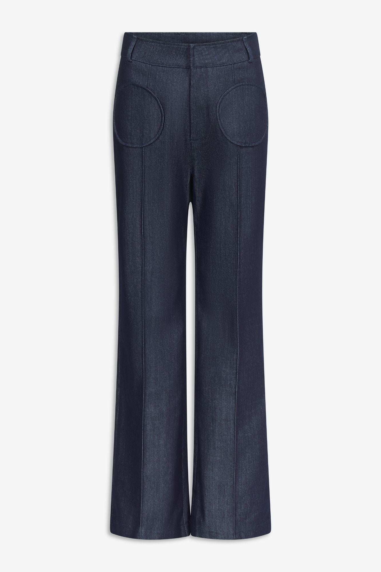 Dark blue denim straight pants with circular pocket details
