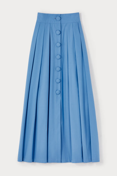 Blue cotton button-front pleated maxi skirt