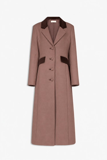 Long Taillored Coat – Taupe with Dark Brown Velvet Details