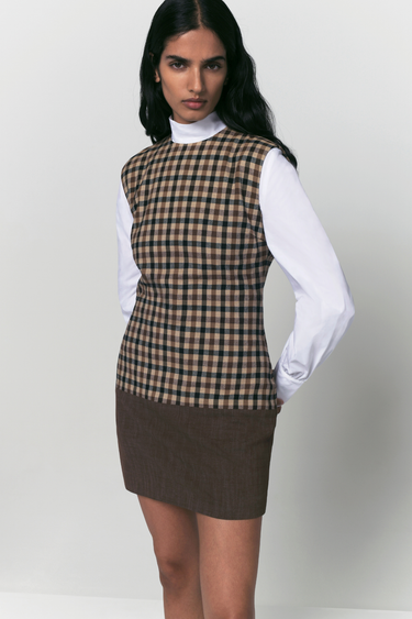 Sleeveless dress - Camel checker