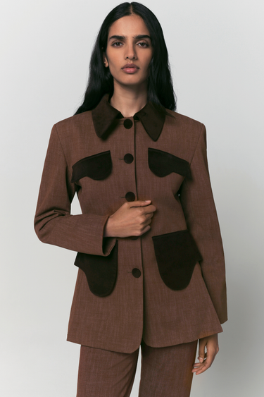 Tailored jacket — Brown with dark brown velvet details