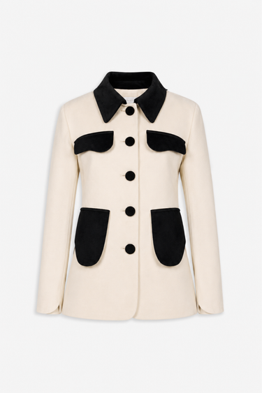 Utility suit jacket with black velvet details - Ecru
