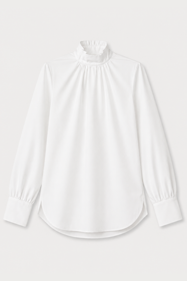 Structured Cotton Poplin Blouse with High Neck - White