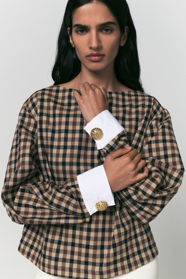 Long-sleeve top - Camel checker