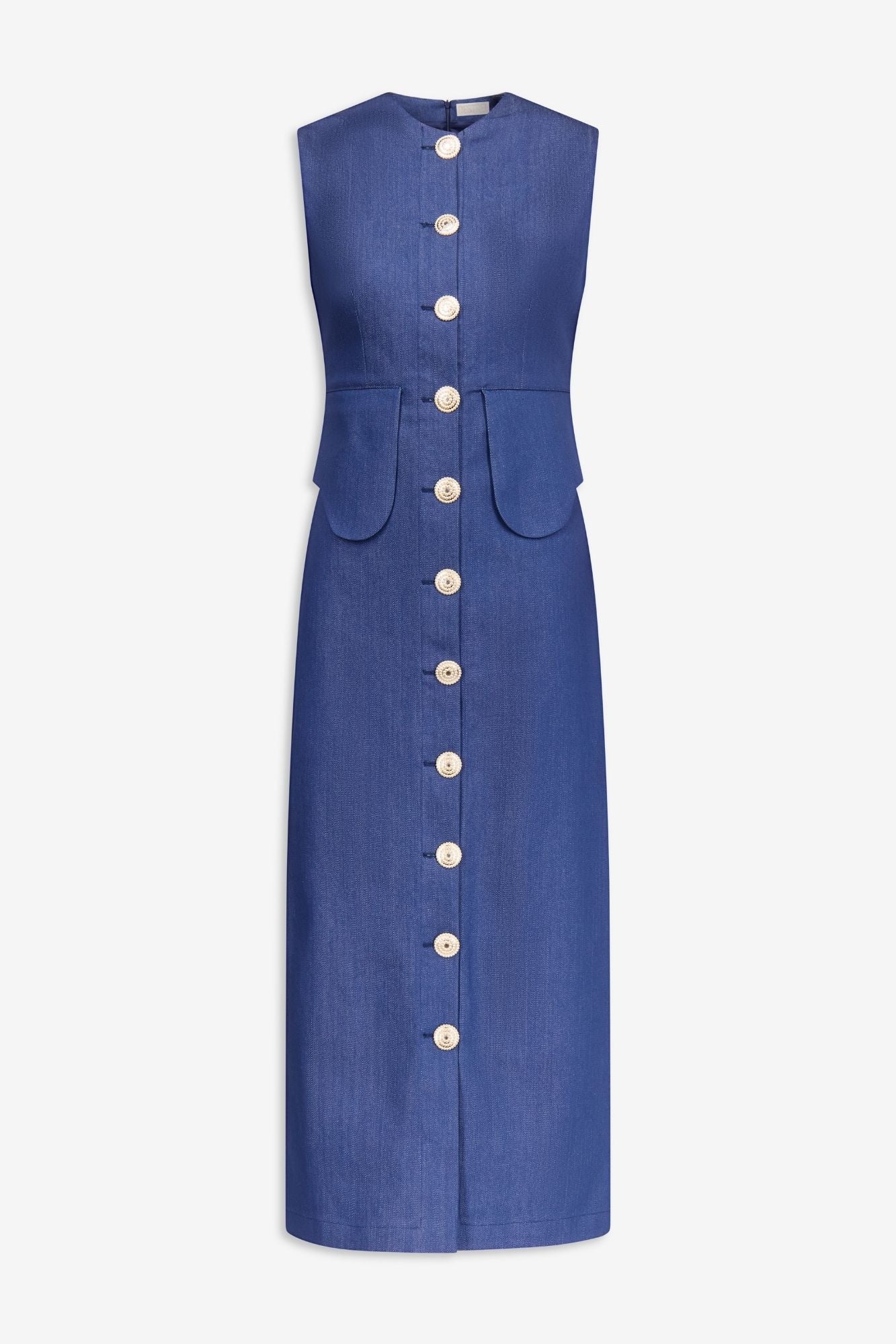 Blue denim sleeveless midi dress