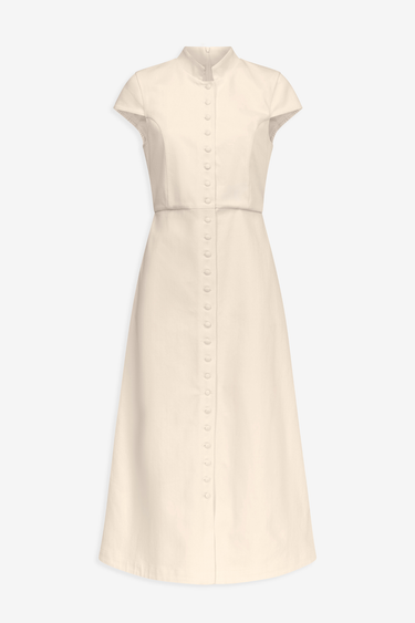 Midi dress with mandarin collar and short sleeves - Ecru