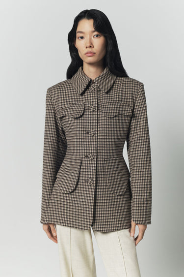 Beige and brown plaid utility button-front jacket