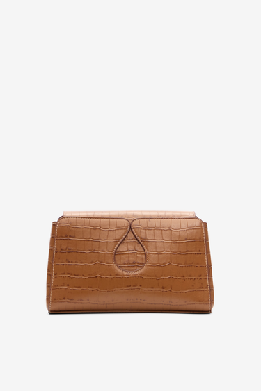 Camel leather crossbody bag with croco-embossed finish and drop-shaped detail