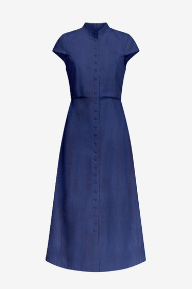Midi dress with mandarin collar and short sleeves - Blue denim