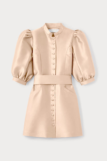 Mini satin dress with puff sleeves - Nude