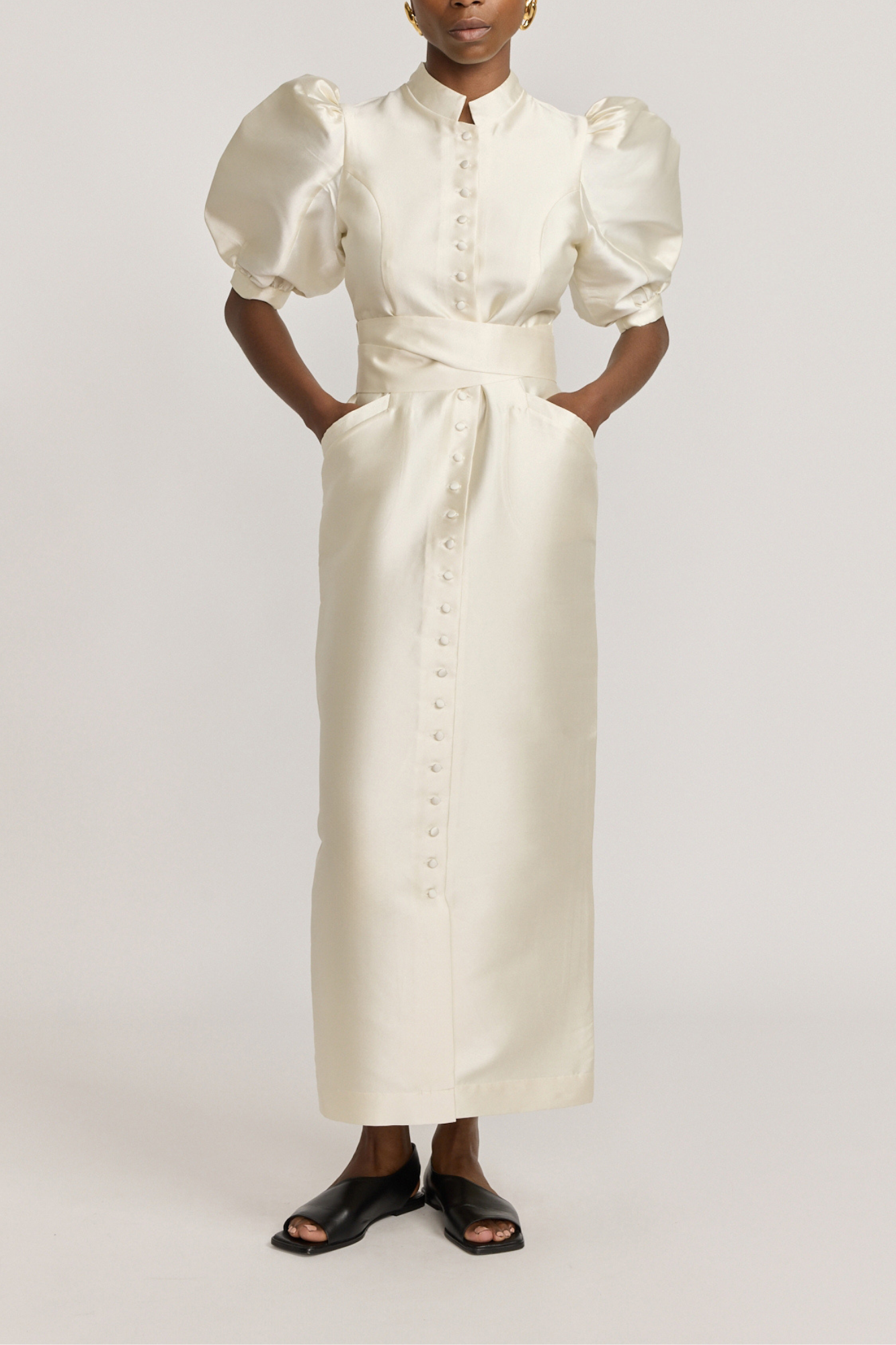 white satin puff sleeve dress Short Satin Puff Sleeve Dress with Empire Waist