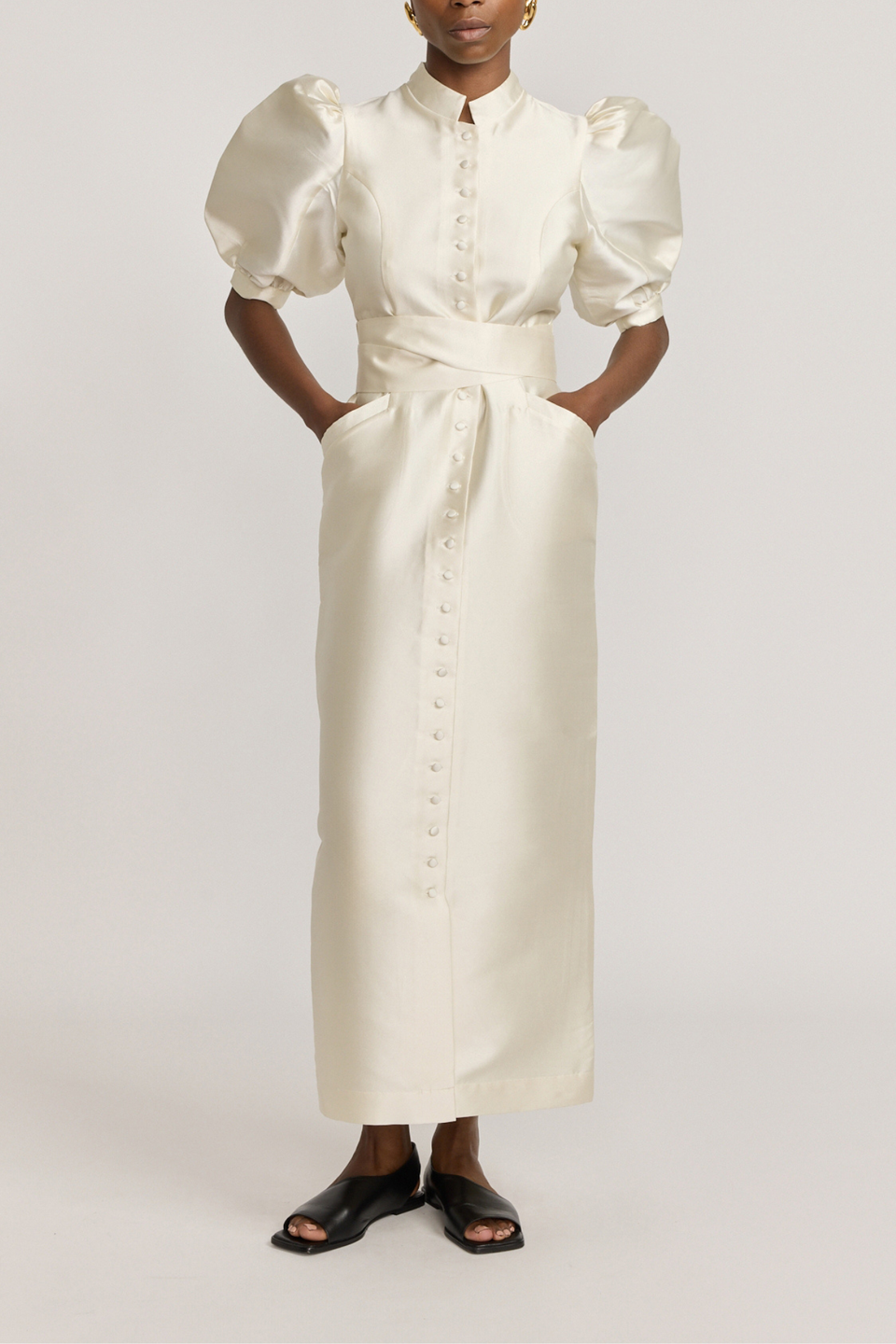 White satin puff sleeve Long dress - S White satin puff sleeve Long dress - S