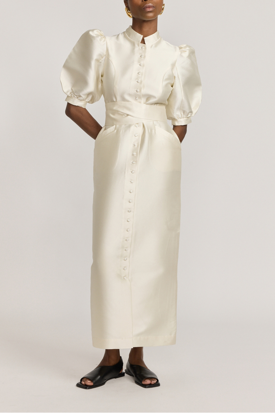 Robe longue à manches bouffantes en satin blanche – DESTREE - Technical View