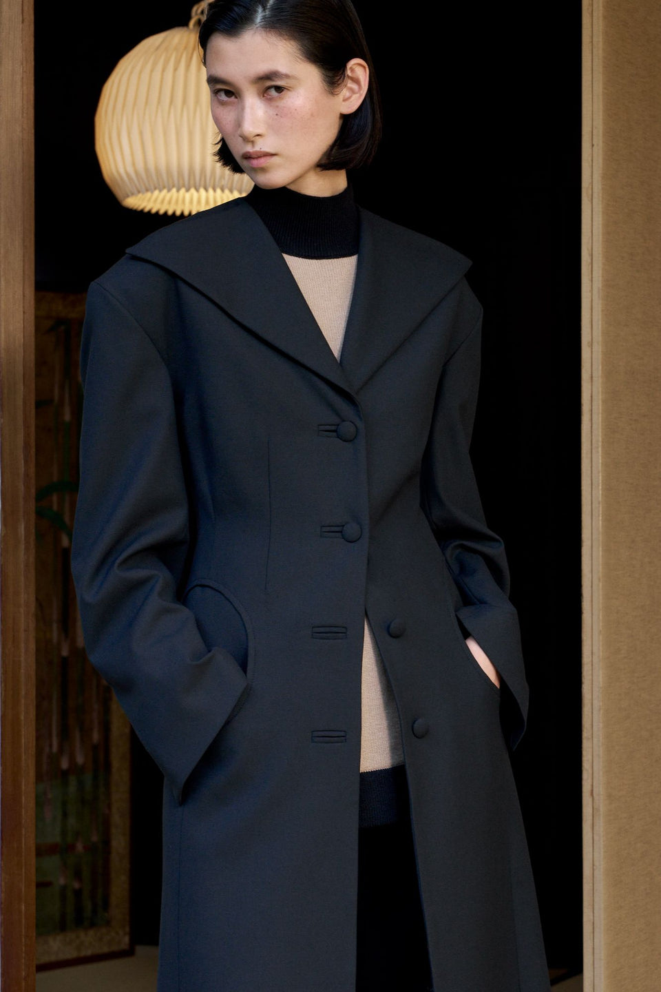 black long dress coat Tailor Black long coat with shawl collar and button details