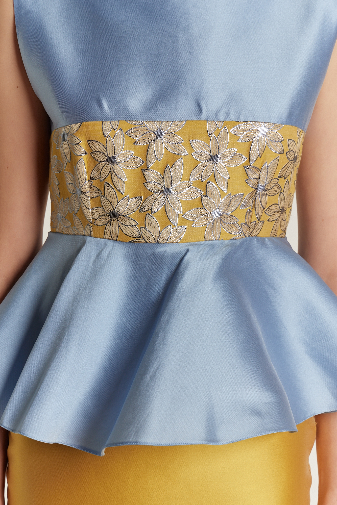 YELLOW & BLUE Lilium Embroidered Peplum Midi Dress