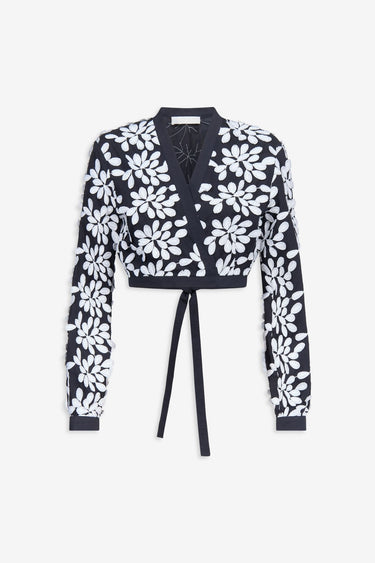 Black and white embroided bow-tie cropped shirt