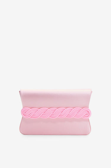 Pink satin clutch with braided passementerie