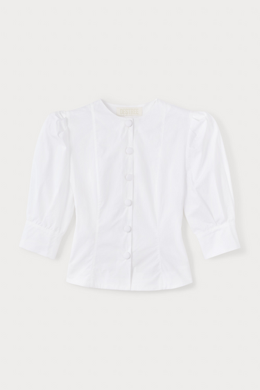 Cotton blouse with puff sleeves - White