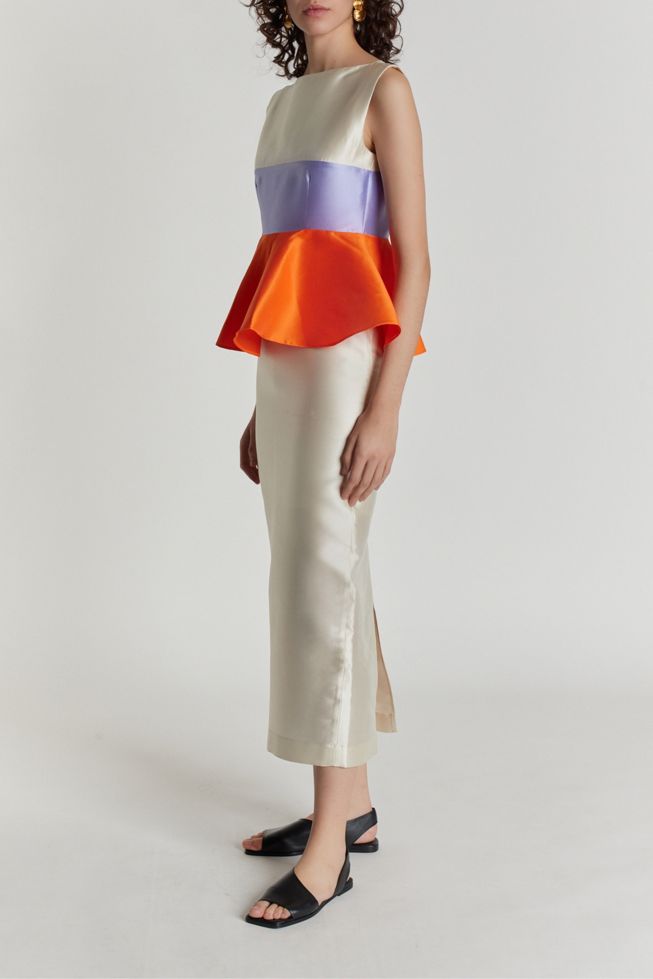 WHITE, ORANGE & LILAC Colorblock Peplum Midi Dress