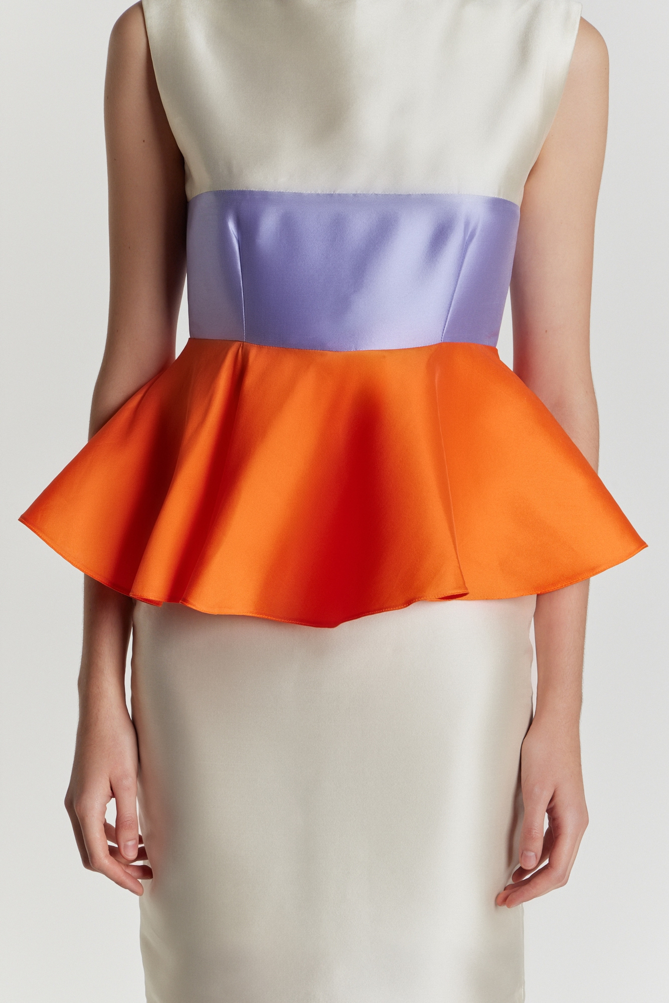 WHITE, ORANGE & LILAC Colorblock Peplum Midi Dress