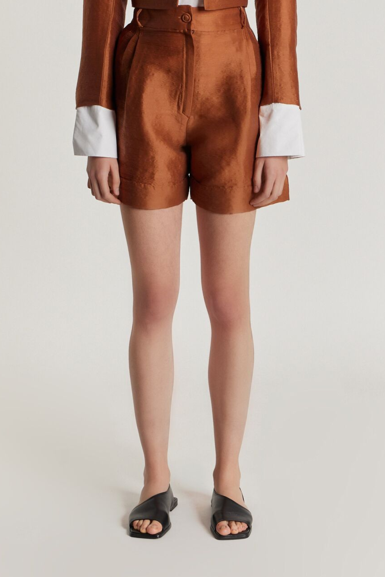 CAMEL Textured High-Waisted Satin Shorts