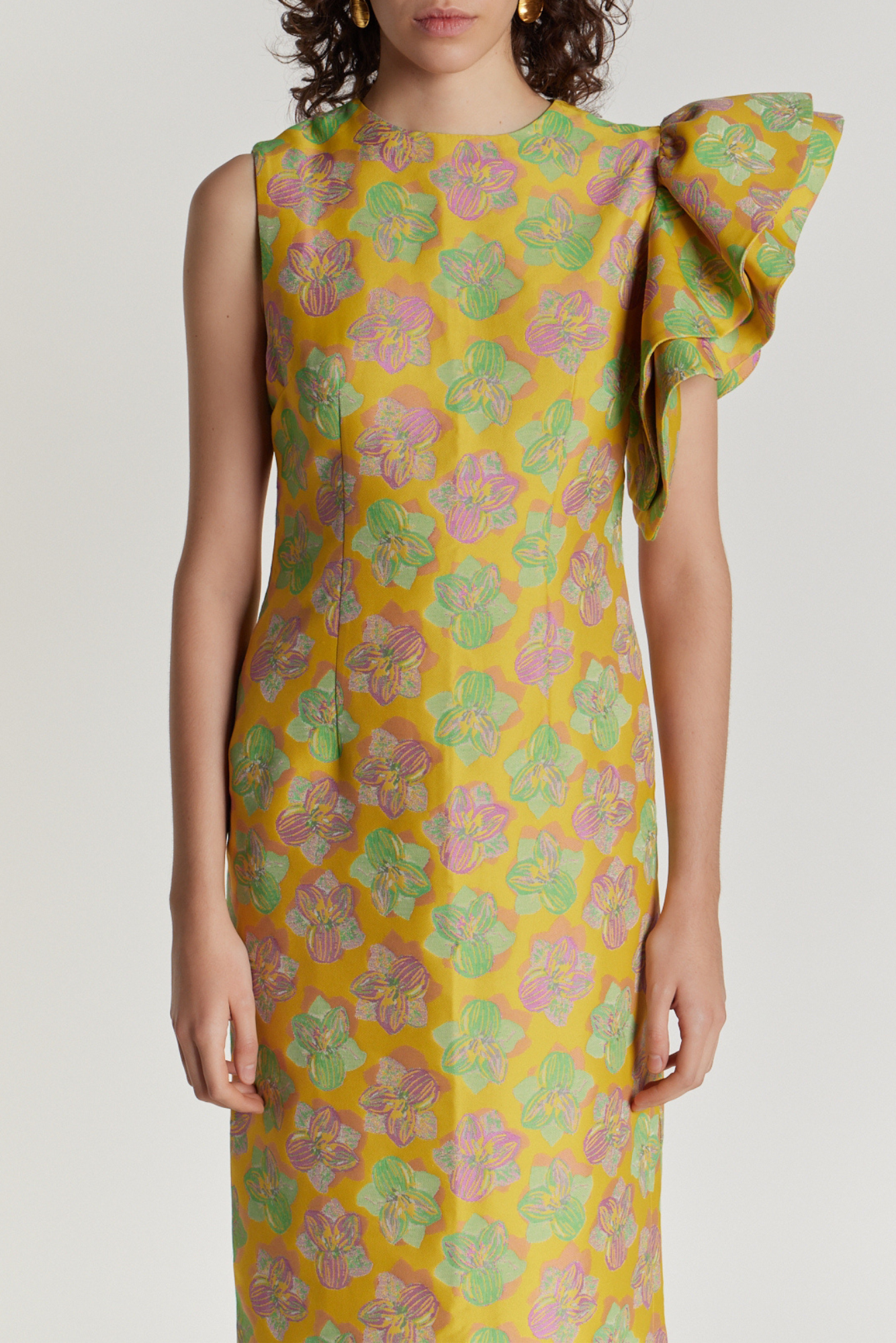 Floral Midi Dress with Asymmetric Ruffle Detail