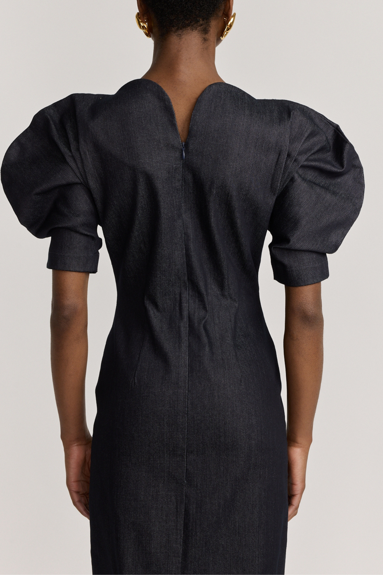 Dark blue denim sweetheart neckline long dress with puff sleeves DESTREE Dark blue denim sweetheart neckline long dress with puff sleeves DESTREE