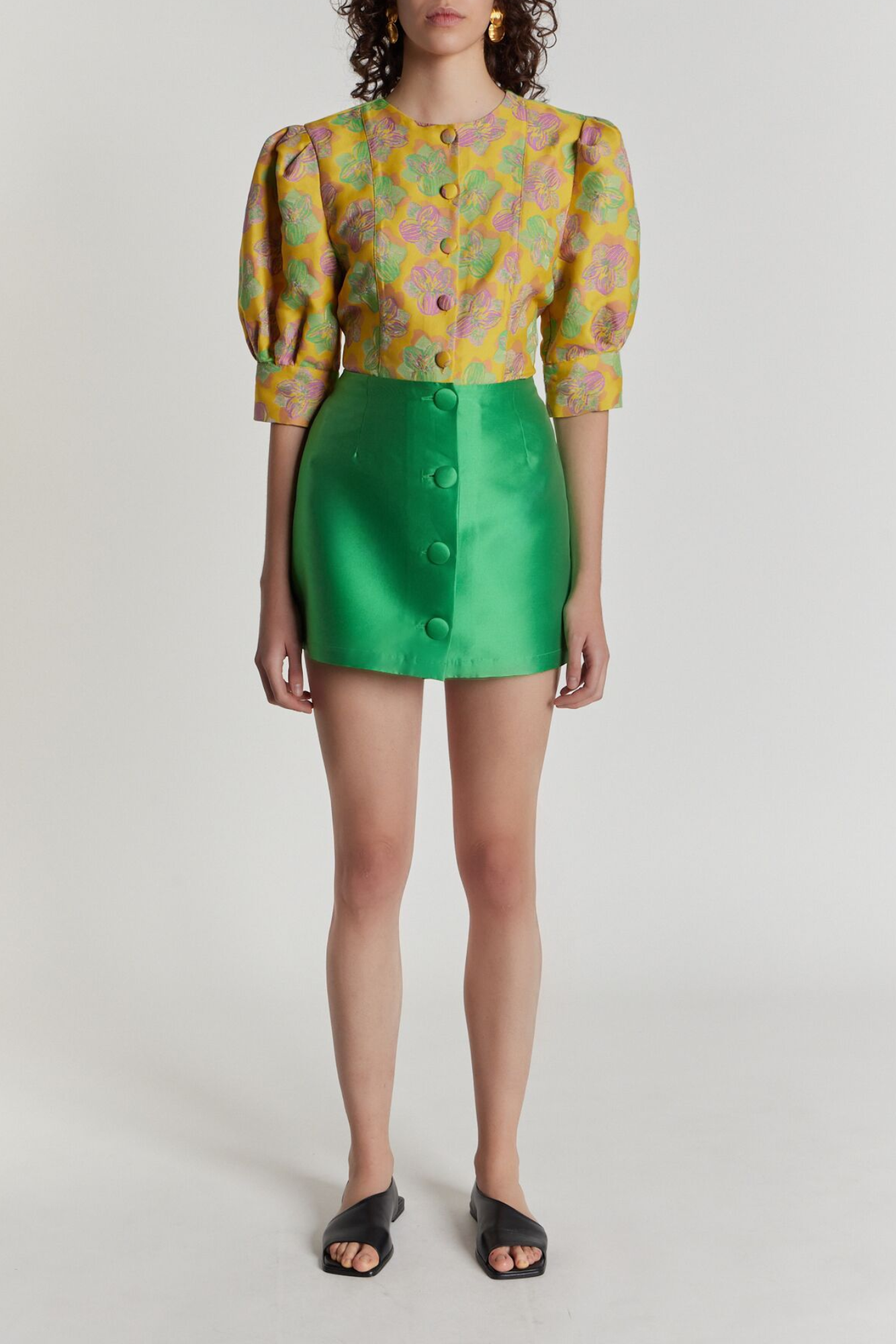 APPLE GREEN Satin Mini Skirt with buttons