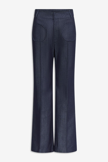 Dark blue denim straight pants with circular pocket details
