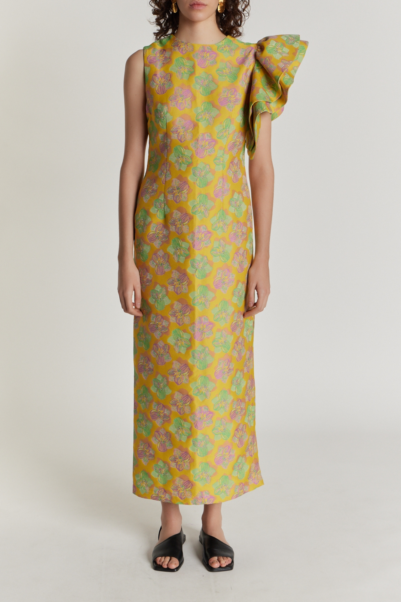 Floral Midi Dress with Asymmetric Ruffle Detail