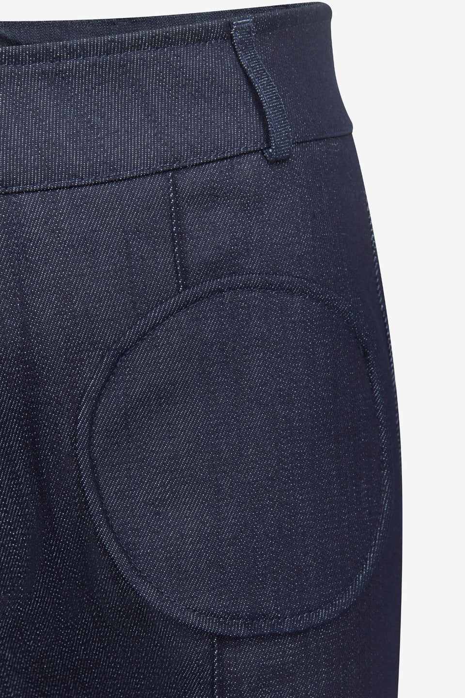 Dark blue denim straight pants with circular pocket details – DESTREE