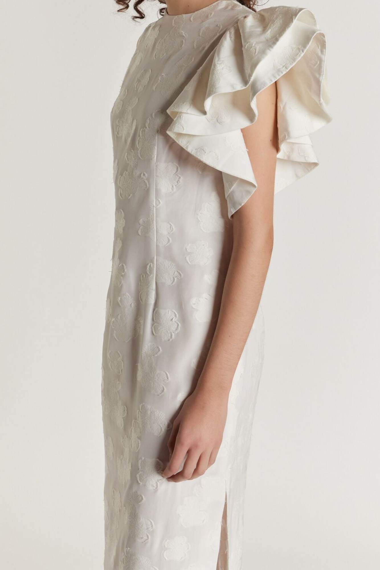 White Floral Dress with Asymmetric Ruffle Detail