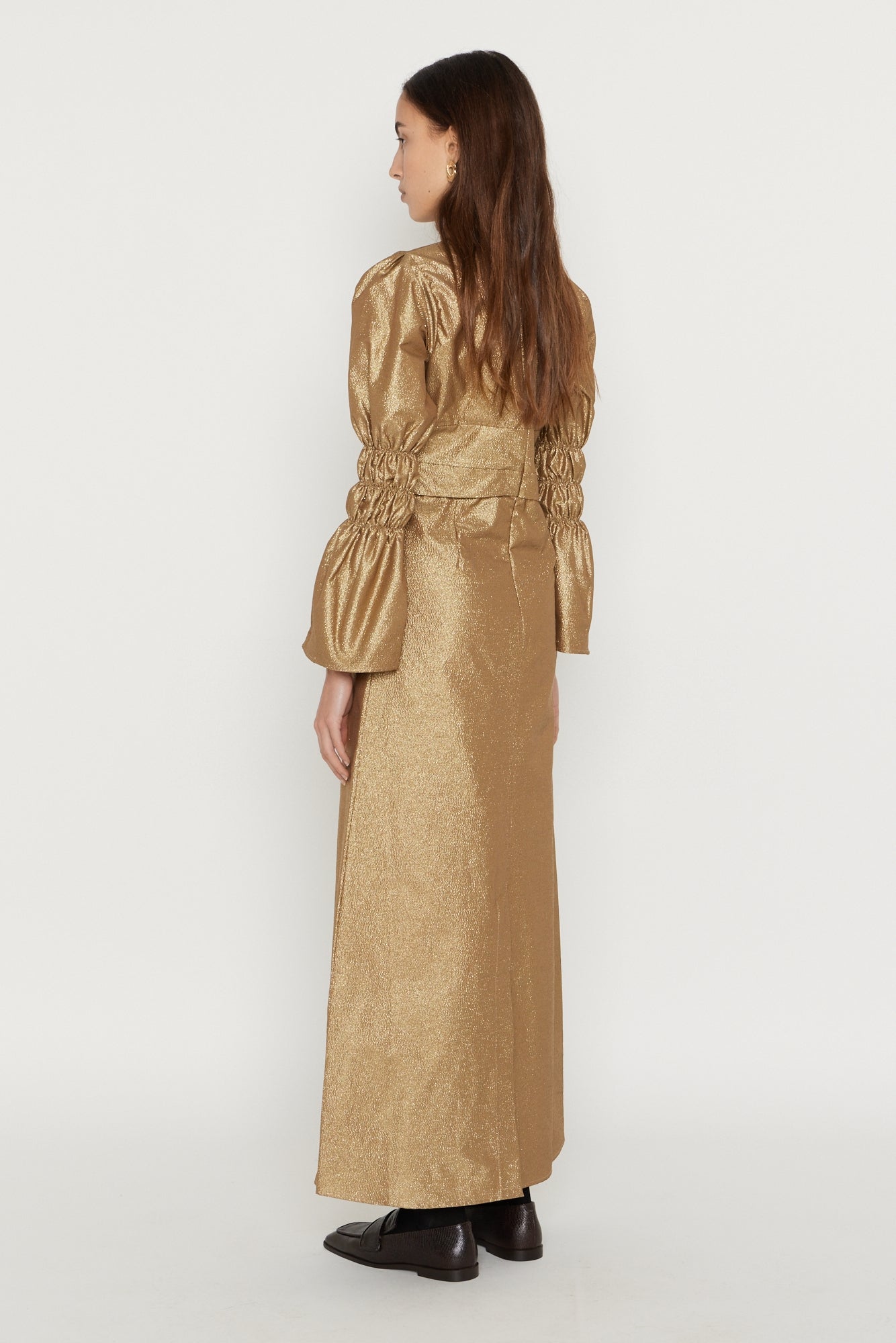 Gold Maxi Dress with Gathered Sleeves