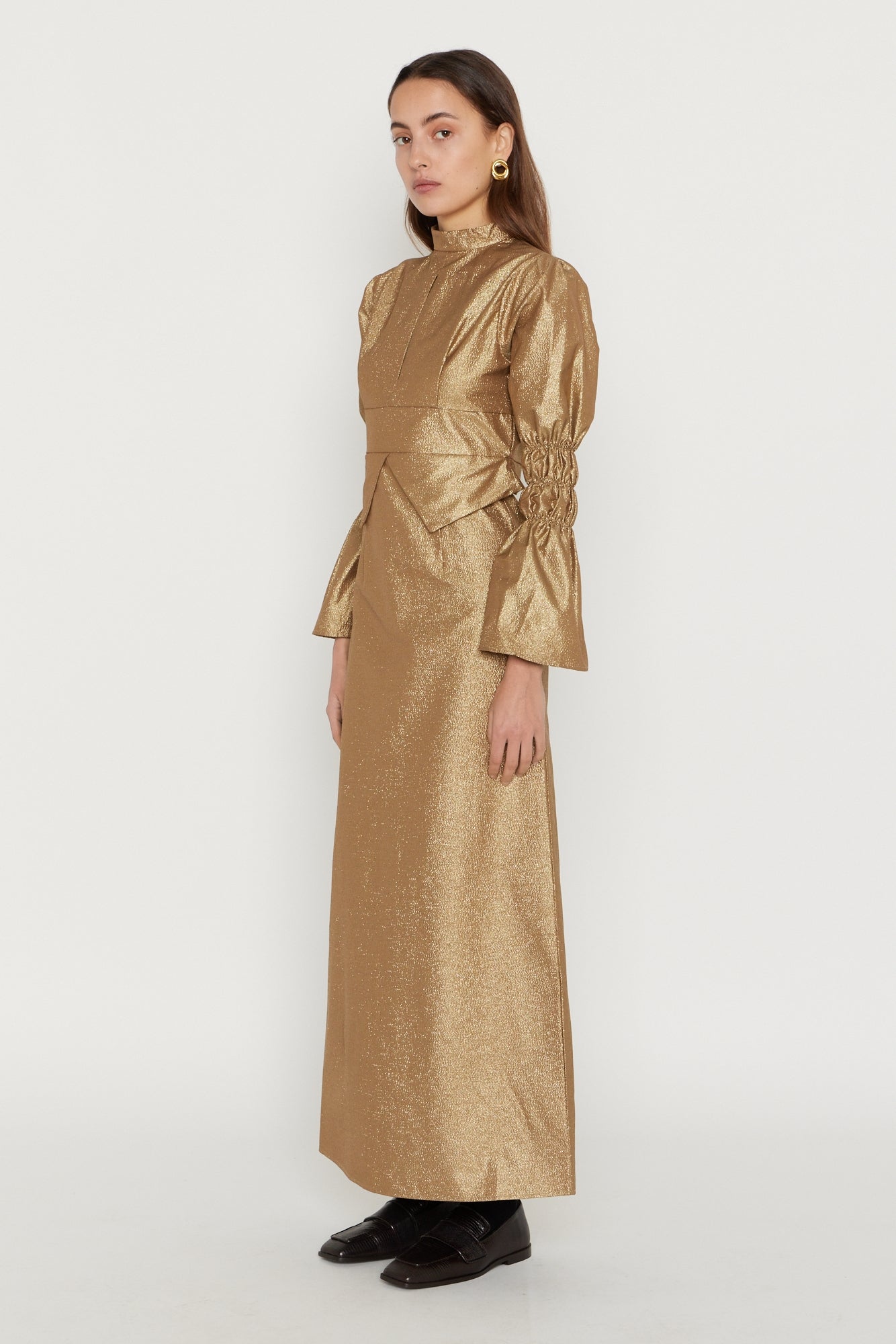 Gold Maxi Dress with Gathered Sleeves