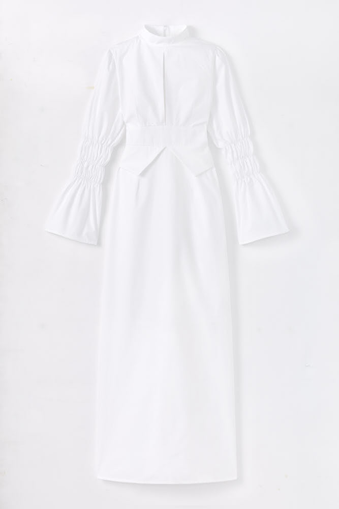 White Poplin Maxi Dress with Gathered Sleeves