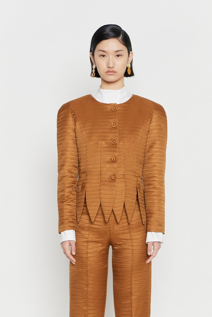 Camel Textured Jacket with Zigzag Hem