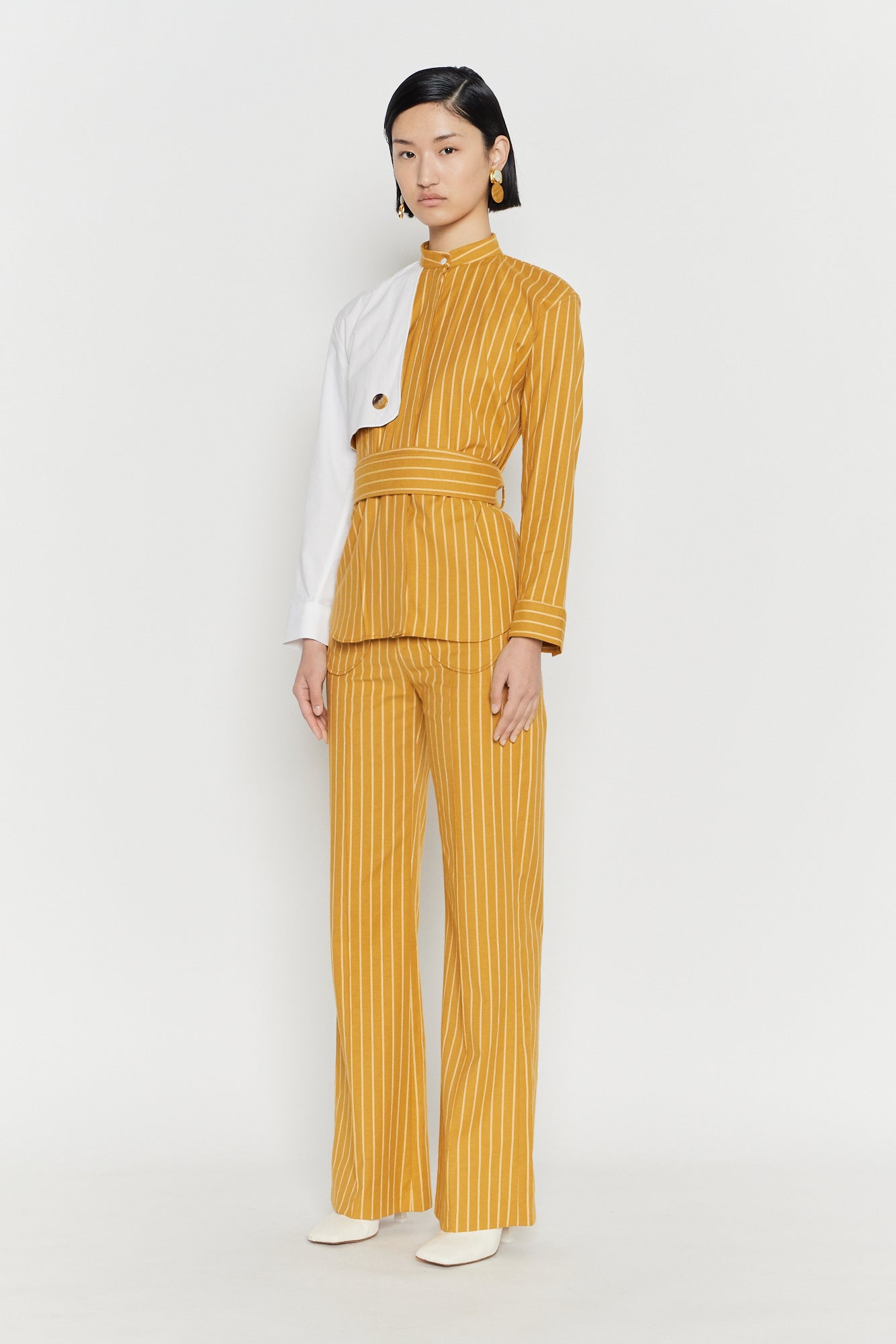 Mustard Striped Shirt with White Sleeve
