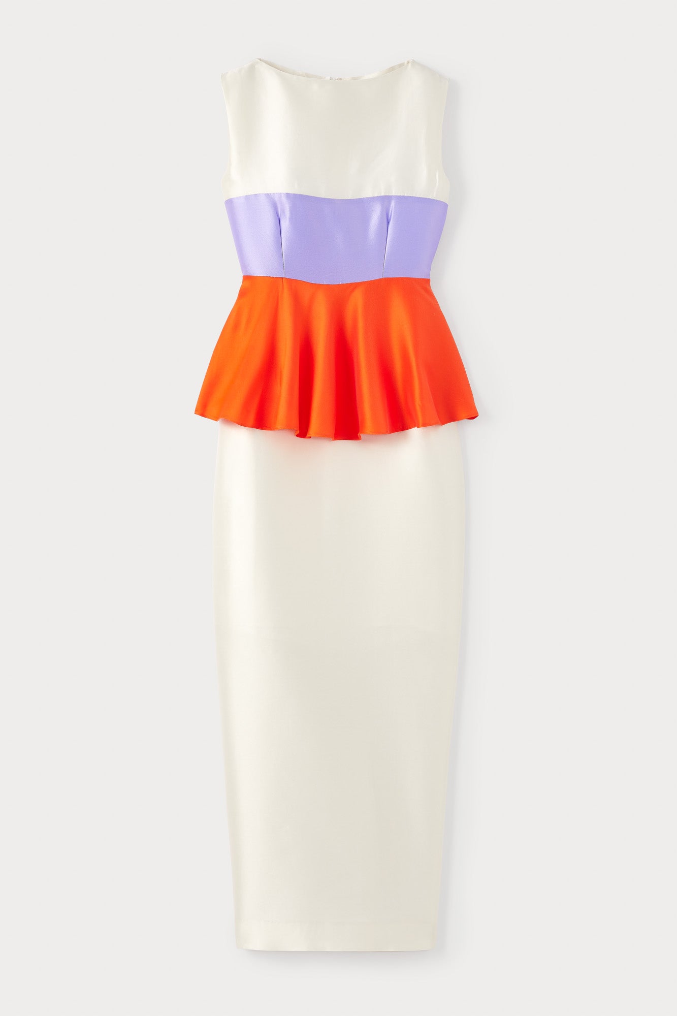 d'estrëe paris WHITE ORANGE & LILAC Colorblock Peplum Midi Dress