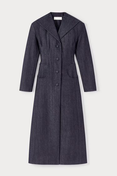Dark blue denim long coat with shawl collar and button details