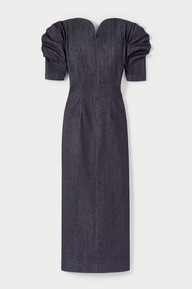 Denim sweetheart neckline long dress with puff sleeves - Dark Blue