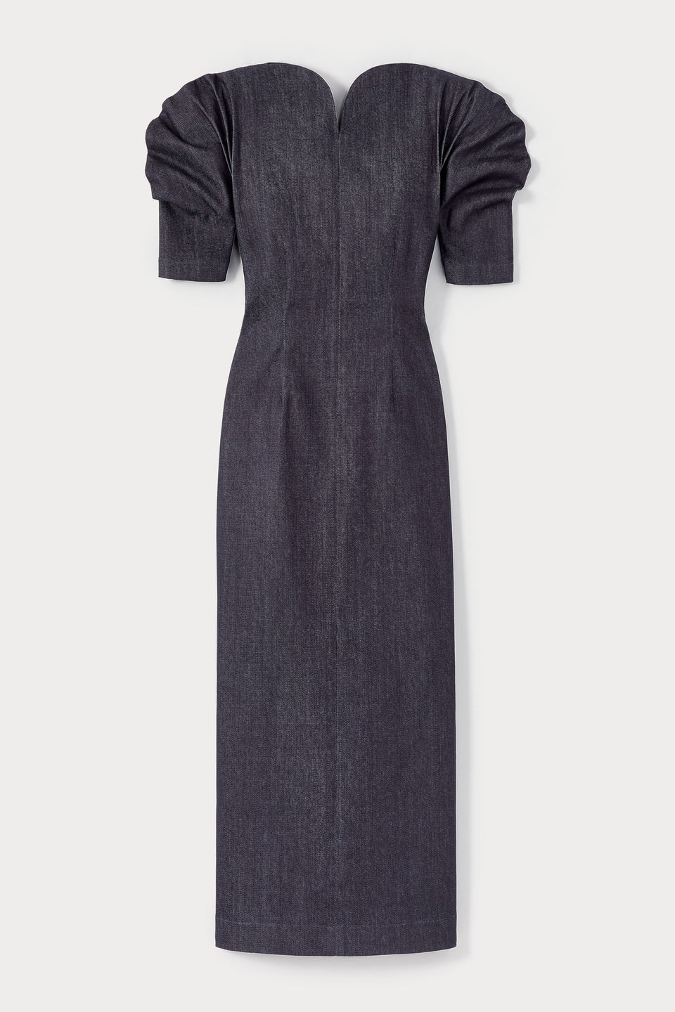 denim dress sweetheart neckline Dark BLUE long with puff sleeves price_sync front details Women's Nina Leonard Striped Colour:OFF WHITE