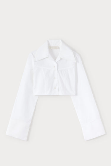 White popelin cropped shirt with wide collar and extended cuffs