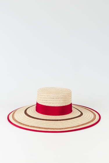 Natural straw hat with fuchsia striped band