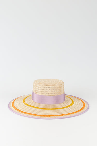 Natural straw hat with lilac & orange striped band