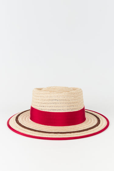 Natural straw wide-brim hat with fuschia band
