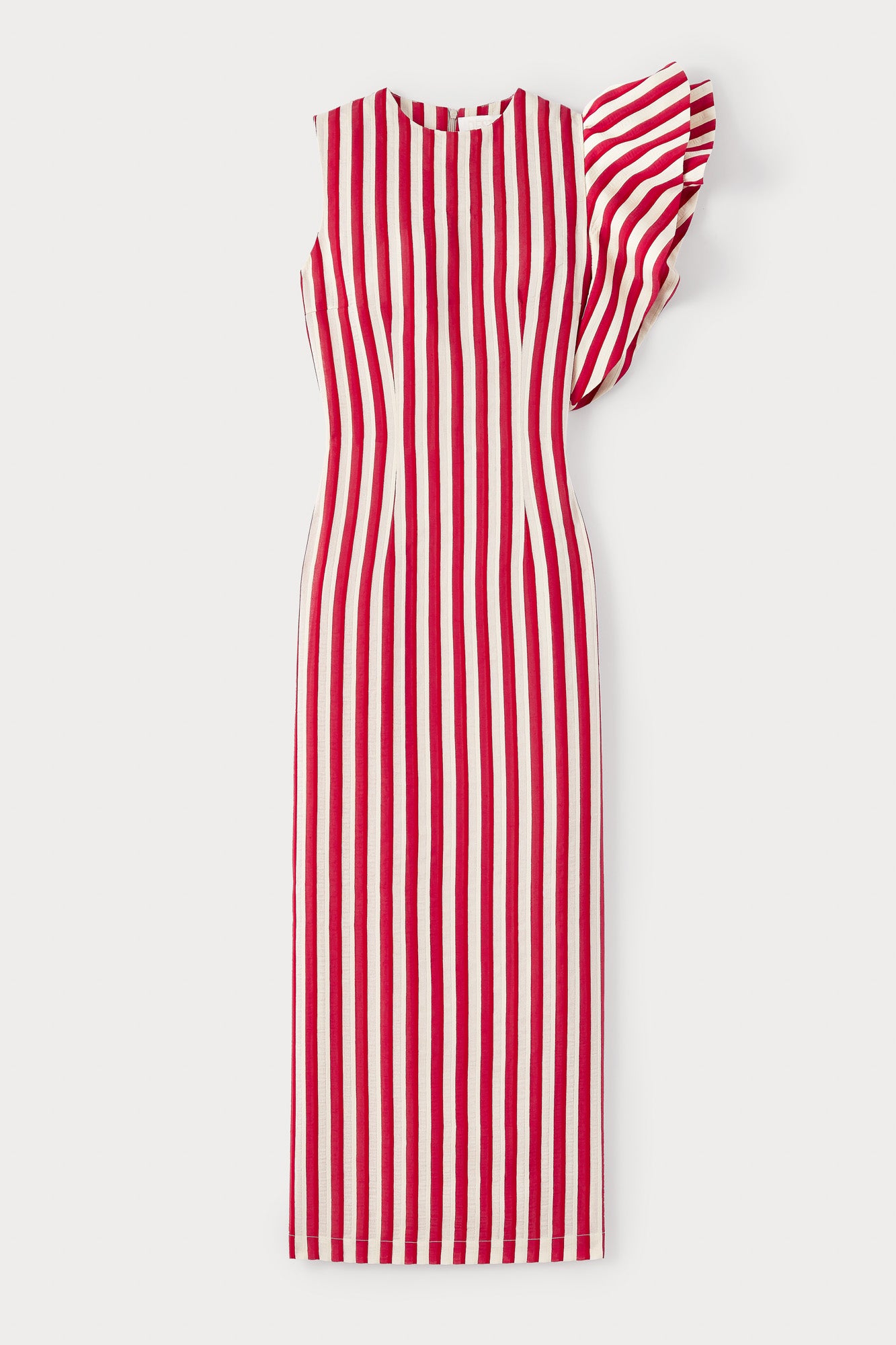 RED & ECRU Striped Dress with Asymmetric Ruffle Detail