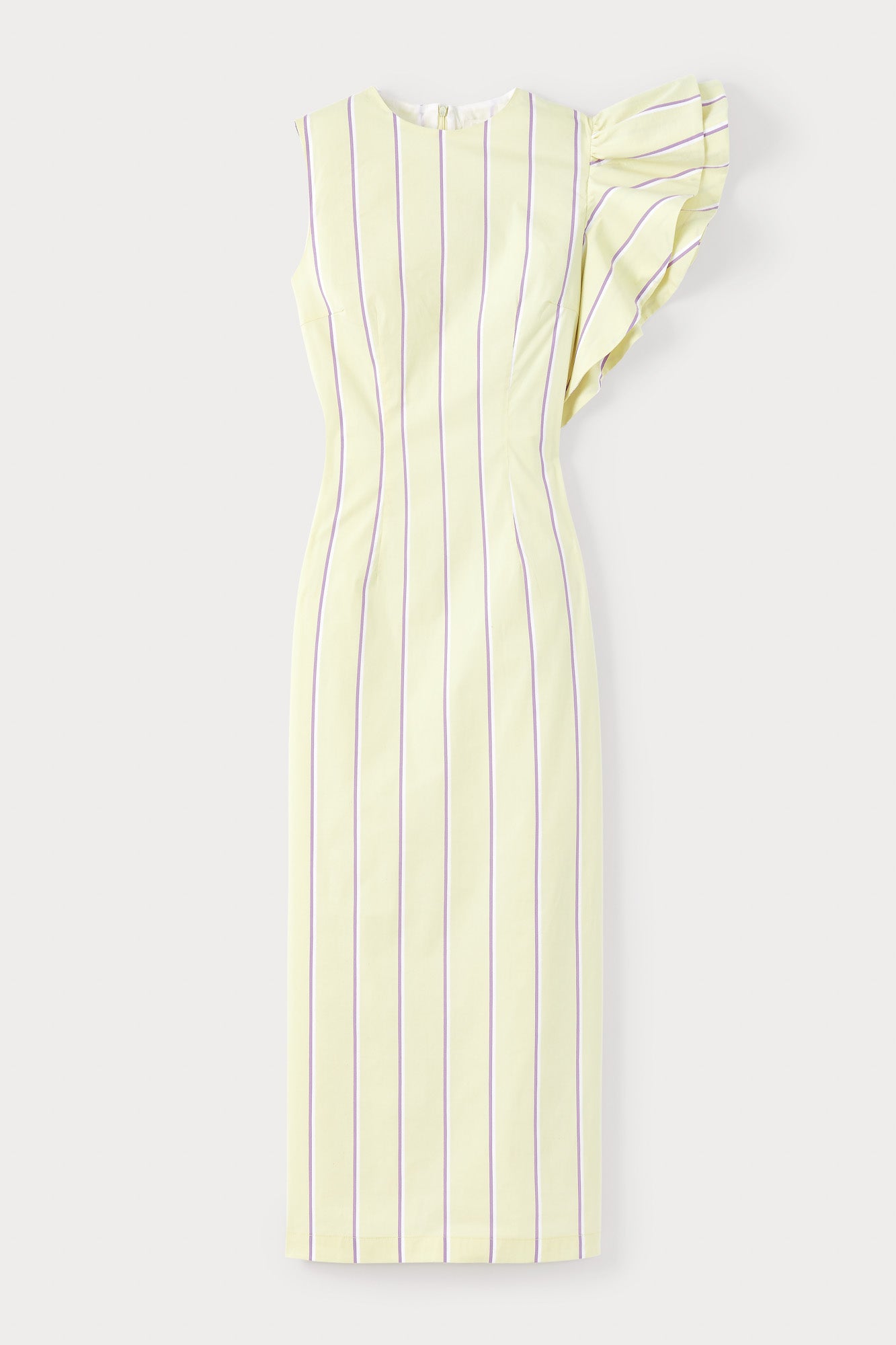 d'estrëe paris PALE YELLOW & LILAC Striped Dress with Asymmetric Ruffle Detail