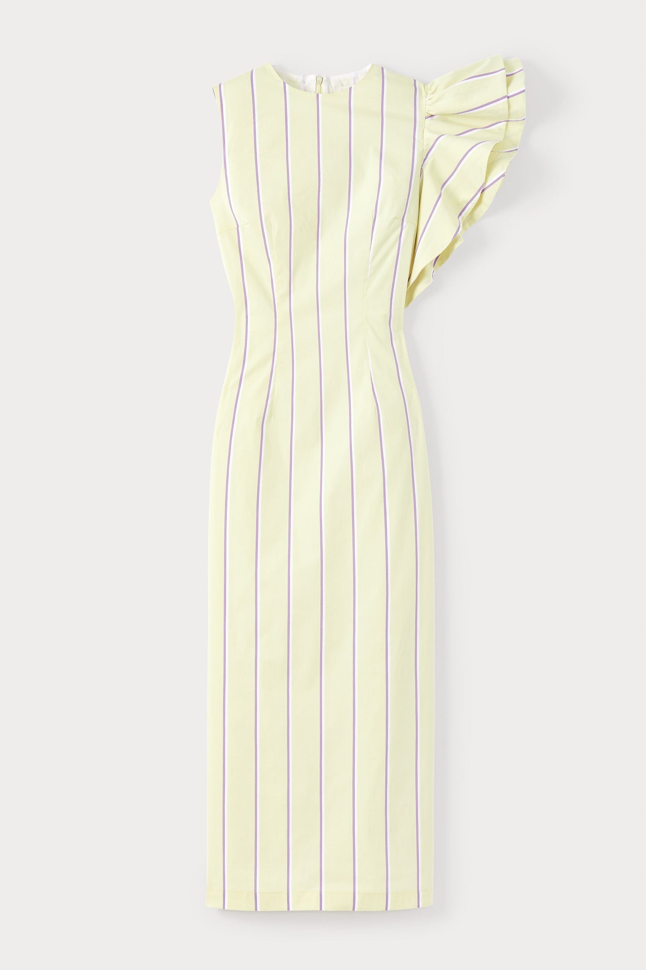 PALE YELLOW & LILAC Striped Dress with Asymmetric Ruffle Detail
