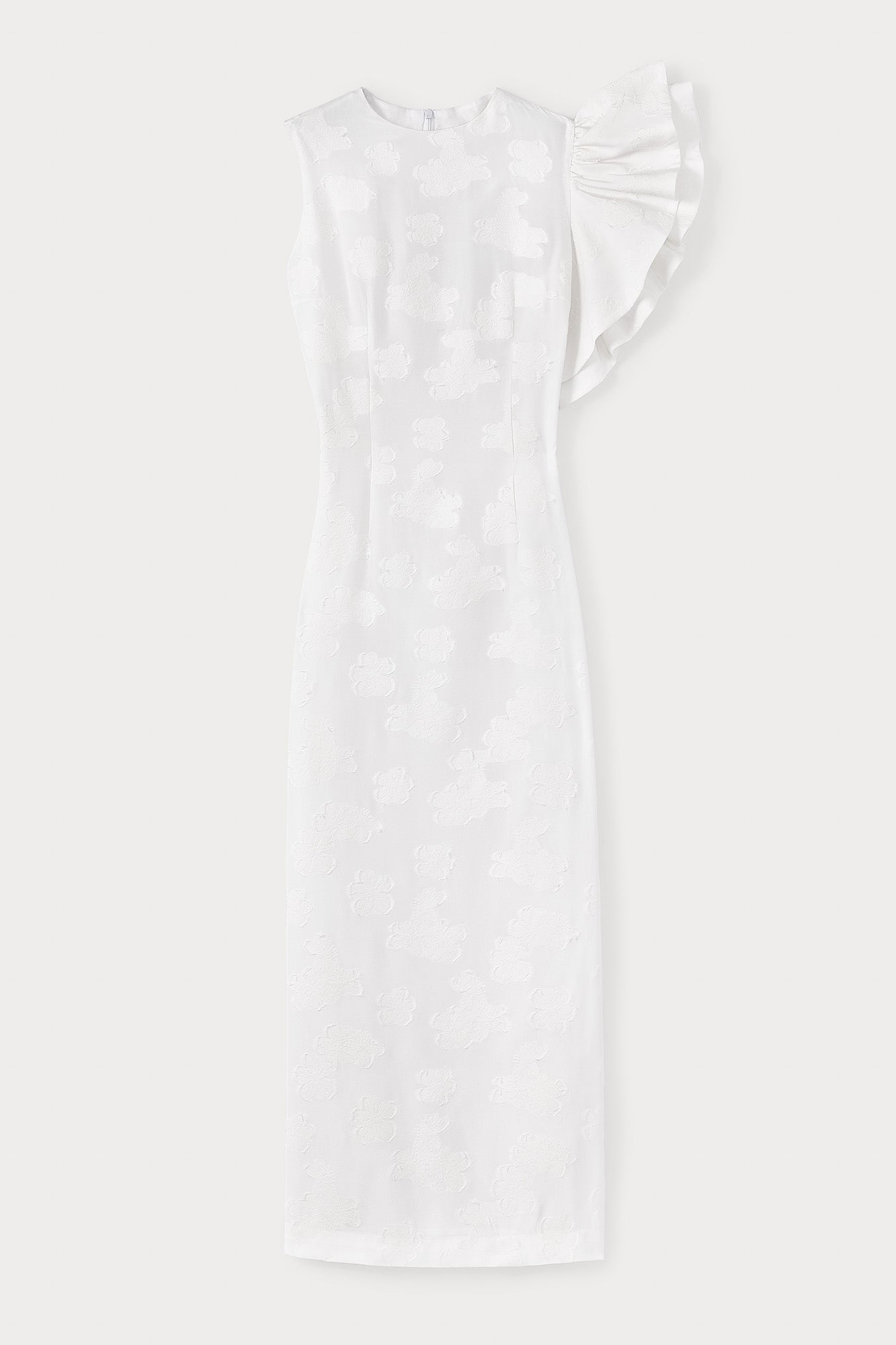 White Floral Dress with Asymmetric Ruffle Detail