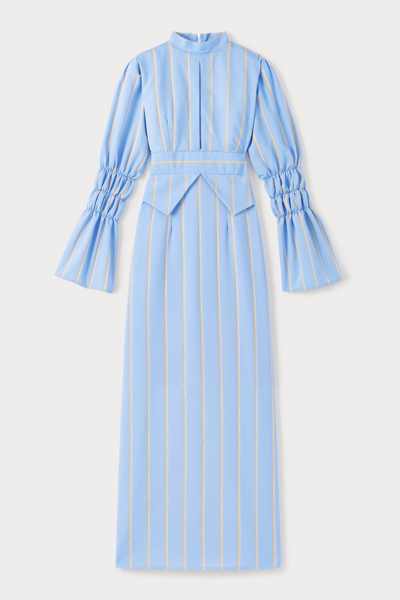 Striped Yellow & Blue Maxi Dress with Gathered Sleeves